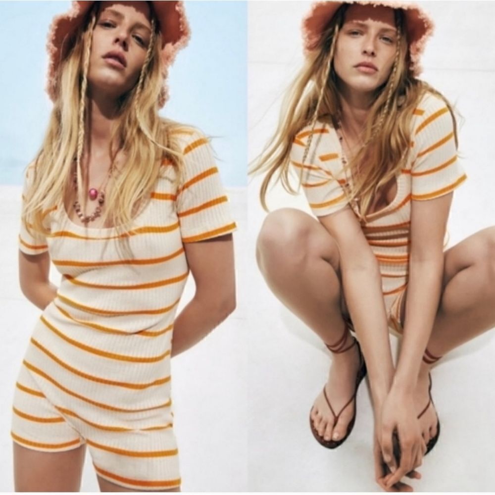 New Zara Ribbed Orange Striped Romper Size Small